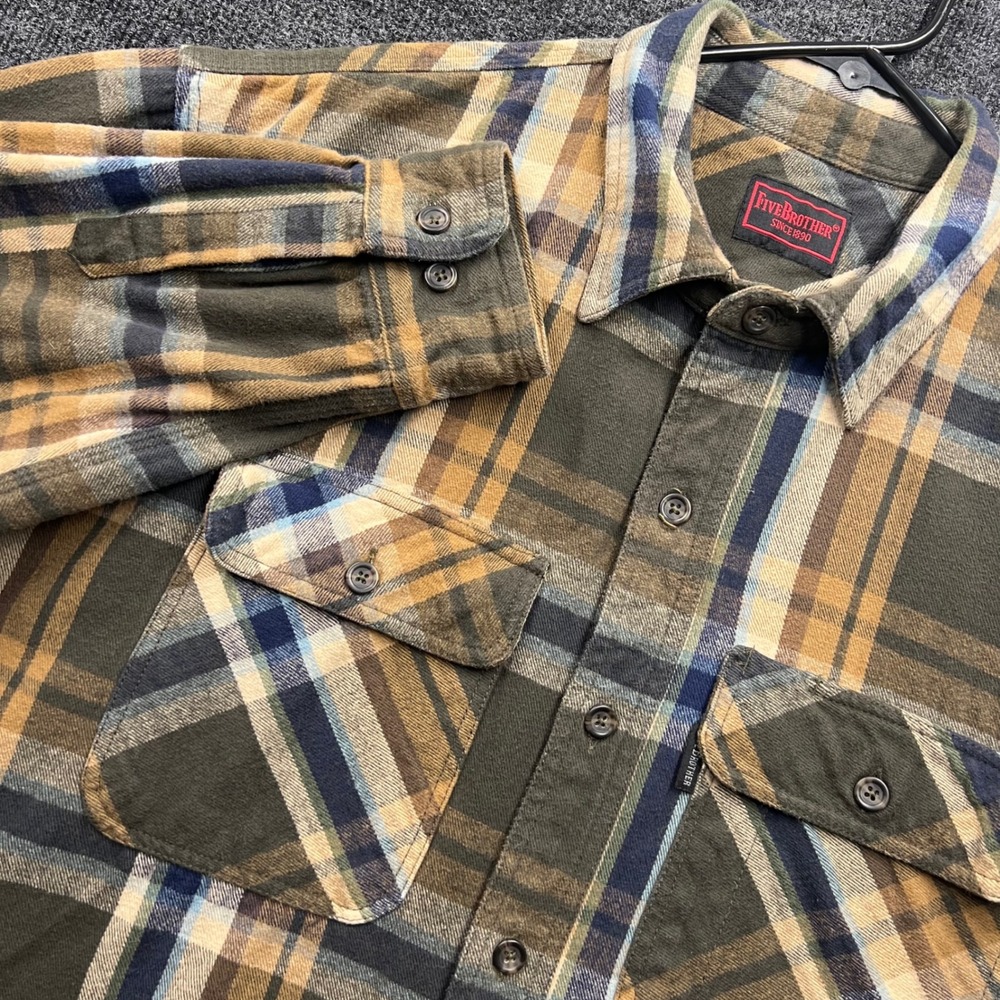 Five Brother Mens Flannel Shirt XL Plaid Olive Tan Heavy Cotton Button Down
